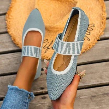 Women's knit Mary Jane flats with pointed toe and knit sweater strap design