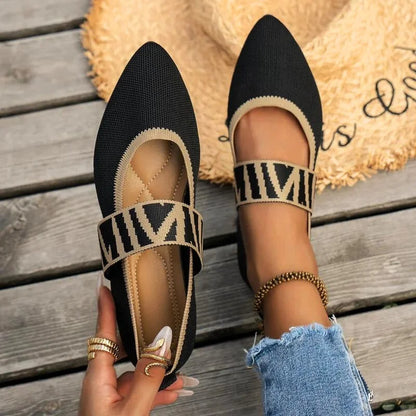 Women's knit Mary Jane flats with pointed toe and knit sweater strap design