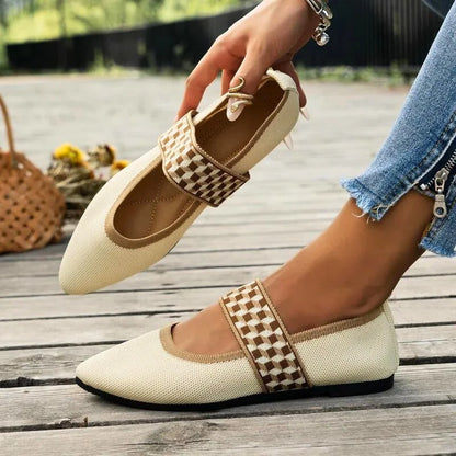 Women's knit Mary Jane flats with pointed toe and knit sweater strap design
