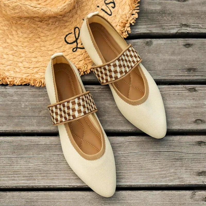 Women's knit Mary Jane flats with pointed toe and knit sweater strap design – Beige