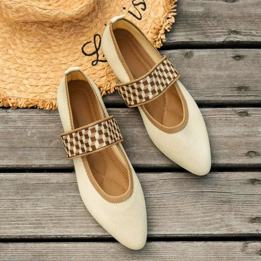 Women's knit Mary Jane flats with pointed toe and knit sweater strap design – Beige