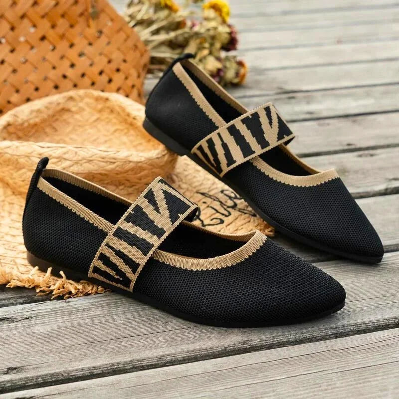 Women's knit Mary Jane flats with pointed toe and knit sweater strap design – Black
