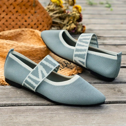Women's knit Mary Jane flats with pointed toe and knit sweater strap design – Grey