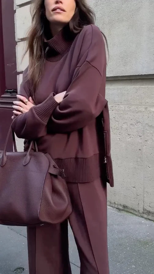 Women's knit matching set with turtleneck top side-zip and wide-leg trousers