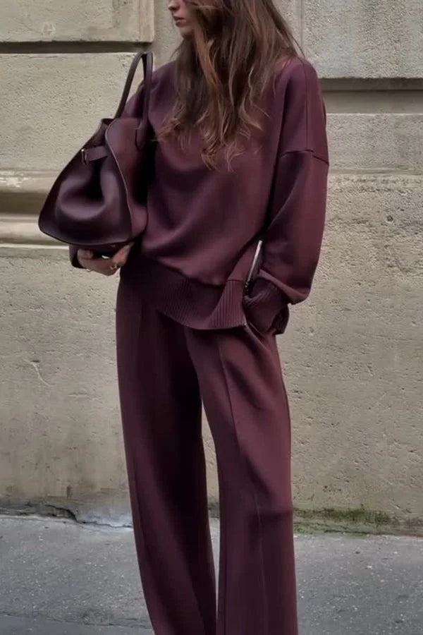 Women's knit matching set with turtleneck top side-zip and wide-leg trousers – Burgundy