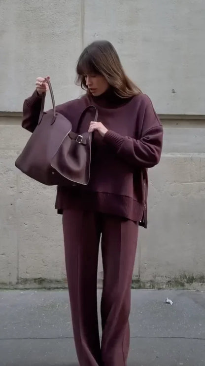 Women's knit matching set with turtleneck top side-zip and wide-leg trousers