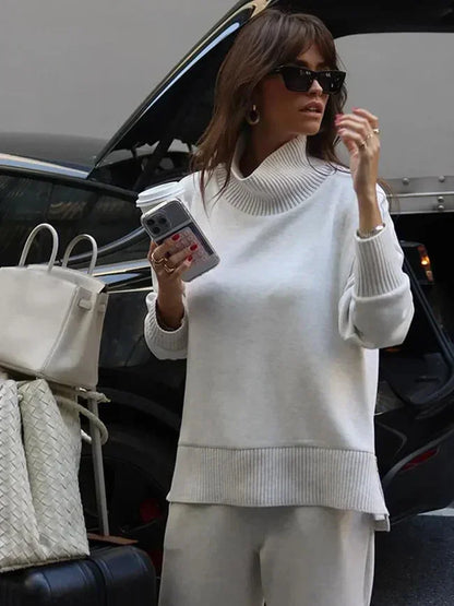 Women's knit matching set with turtleneck top side-zip and wide-leg trousers