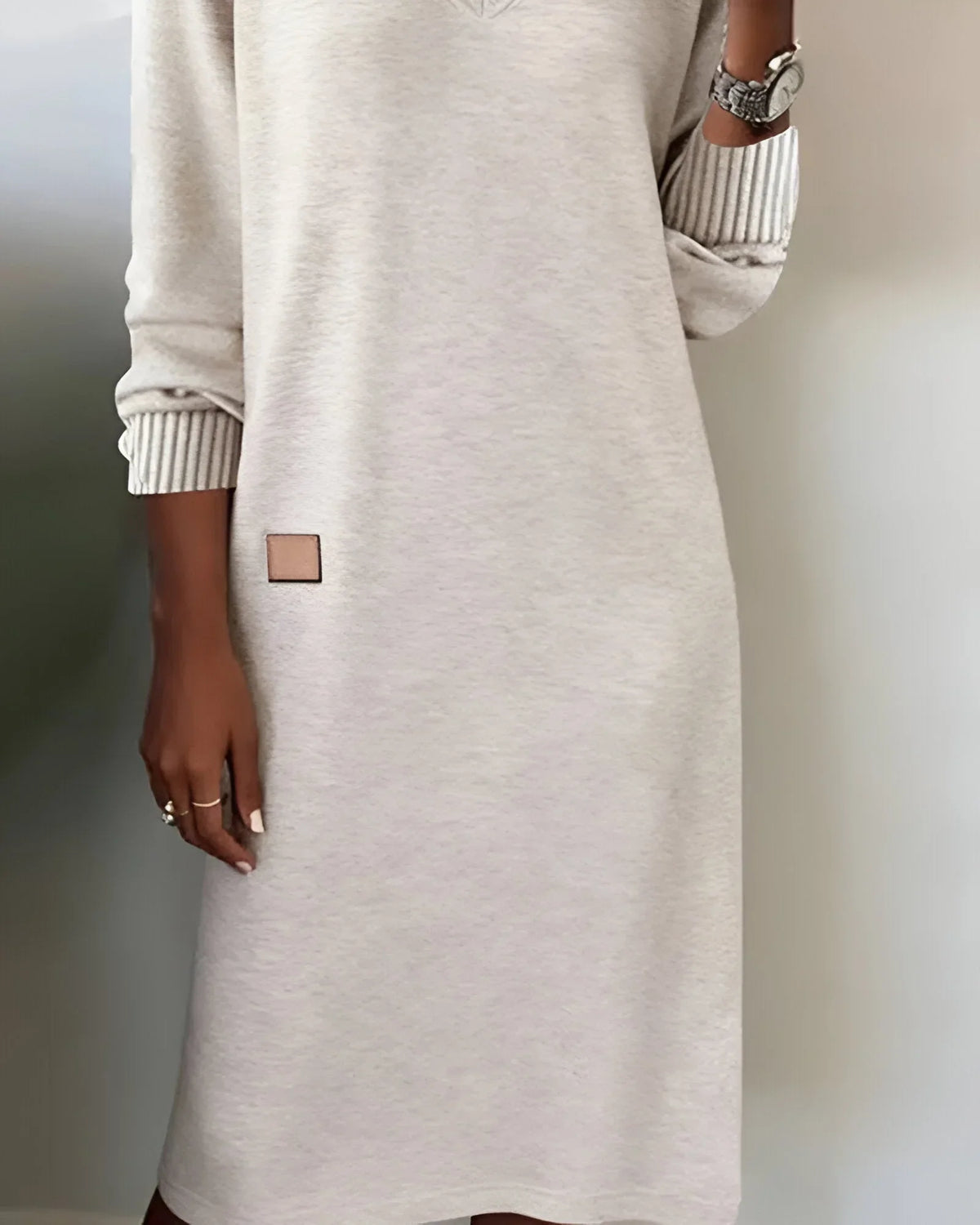 Women's knit midi dress with V-neck long sleeves and patch detail