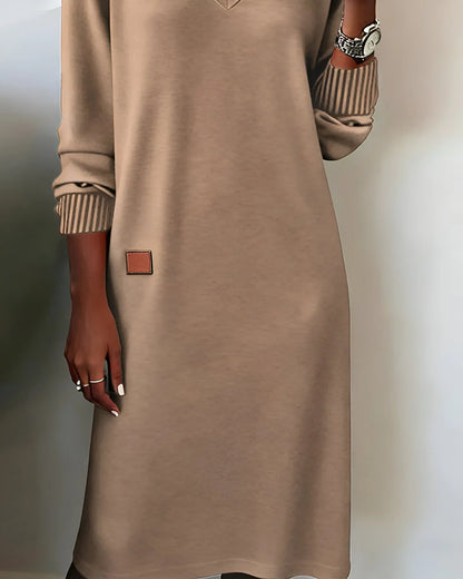Women's knit midi dress with V-neck long sleeves and patch detail