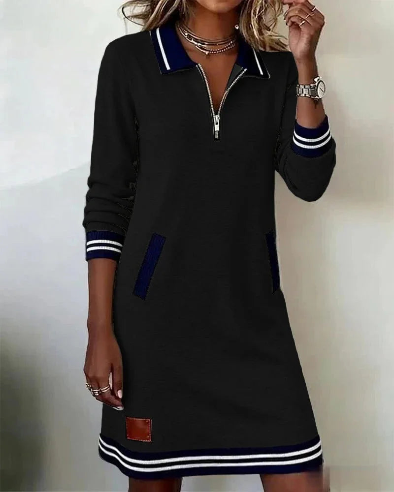 Women's knit midi dress with zip-front collared long-sleeve striped trim