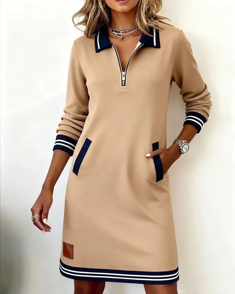 Women's knit midi dress with zip-front collared long-sleeve striped trim – Beige