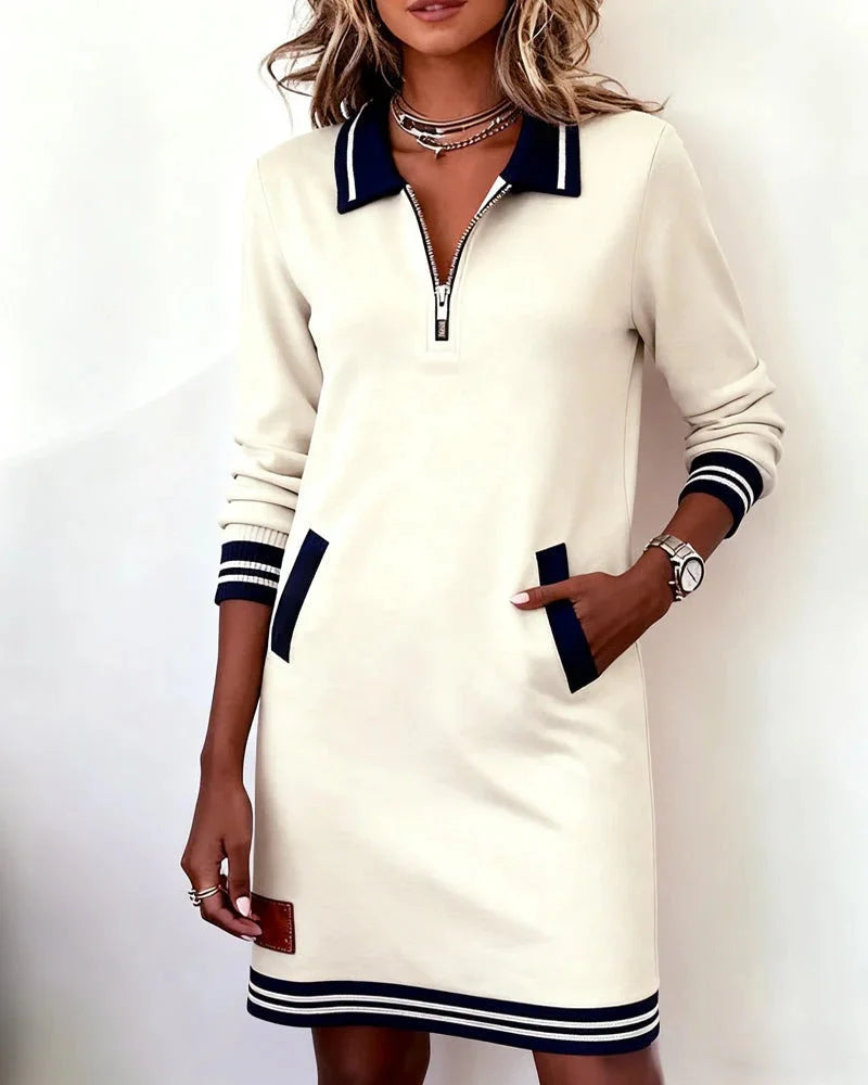 Women's knit midi dress with zip-front collared long-sleeve striped trim