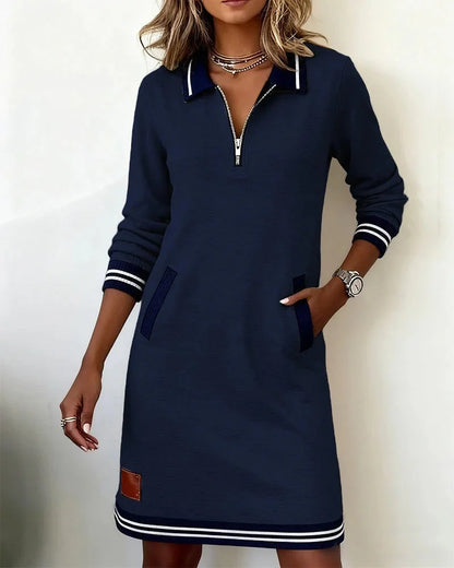 Women's knit midi dress with zip-front collared long-sleeve striped trim