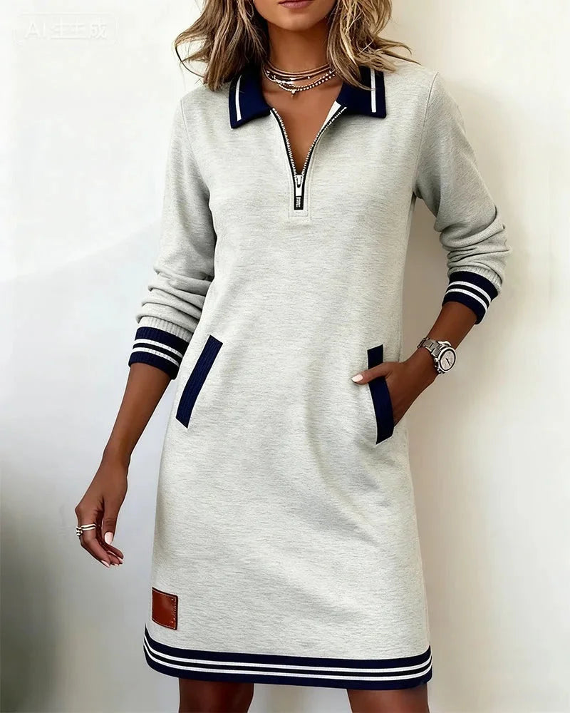 Women's knit midi dress with zip-front collared long-sleeve striped trim – Grey