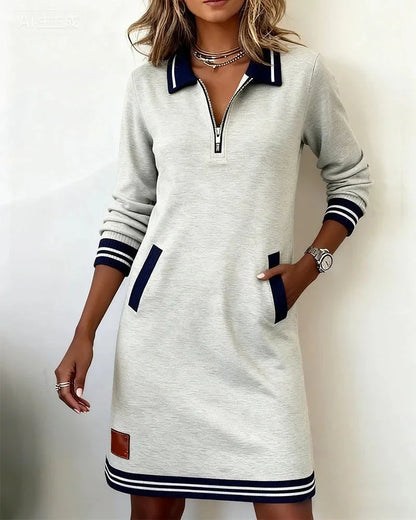 Women's knit midi dress with zip-front collared long-sleeve striped trim – Grey