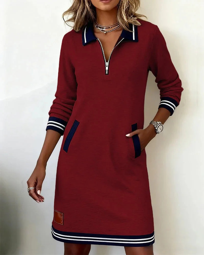 Women's knit midi dress with zip-front collared long-sleeve striped trim – Red