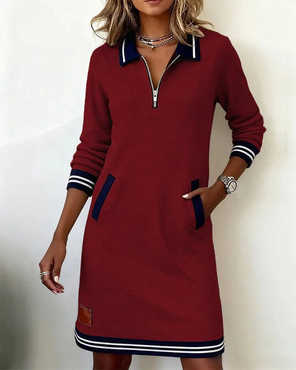 Women's knit midi dress with zip-front collared long-sleeve striped trim – Red