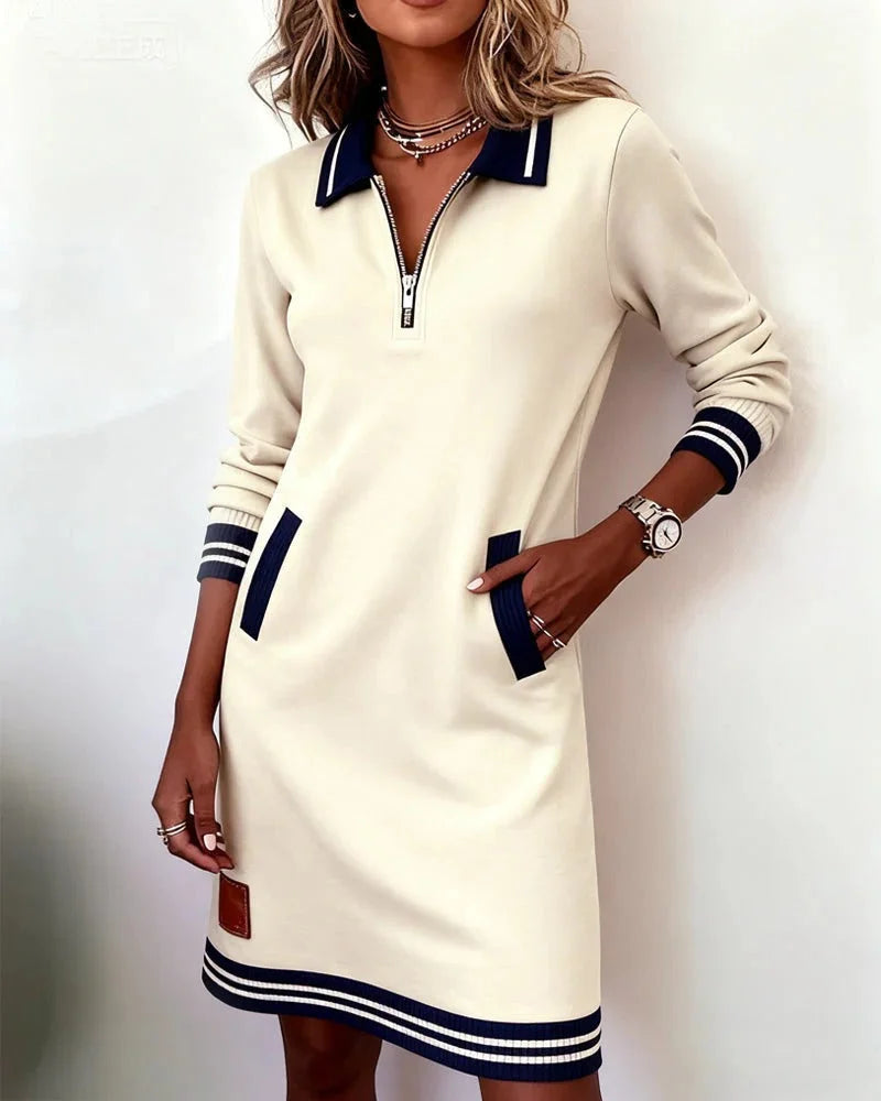 Women's knit midi dress with zip-front collared long-sleeve striped trim – White