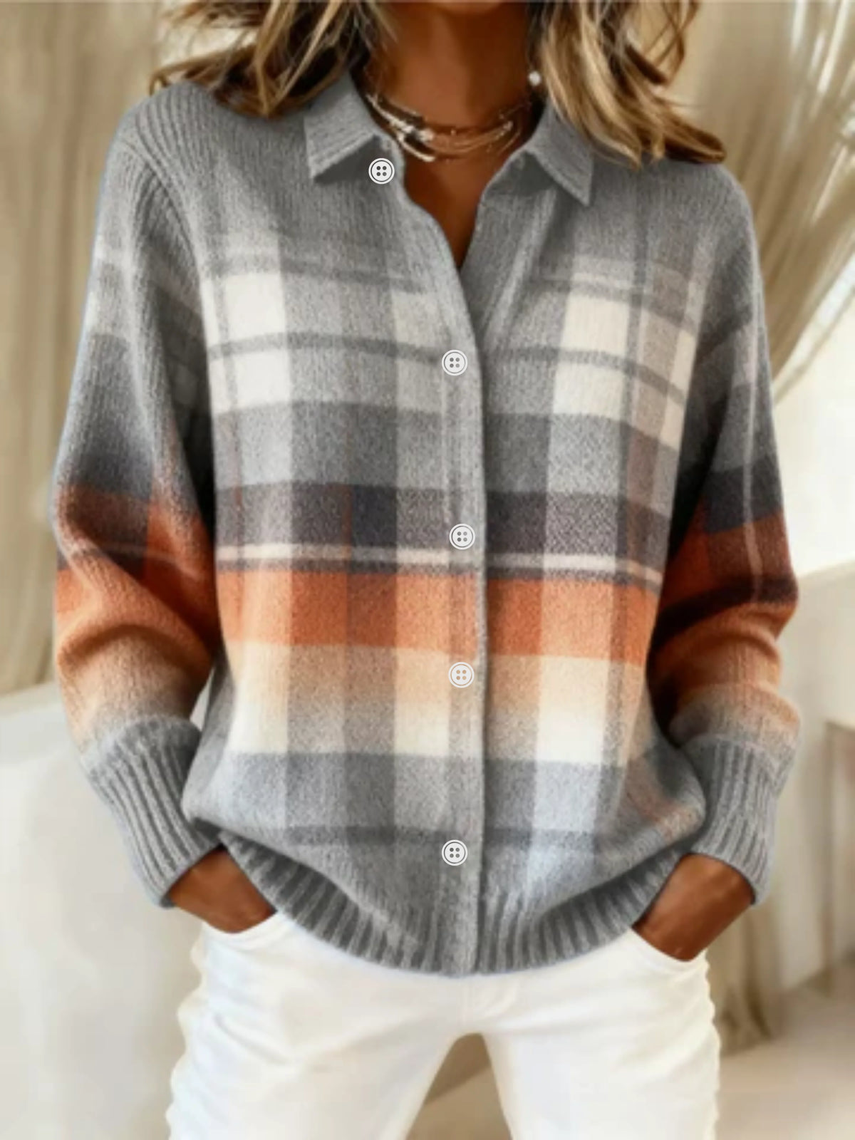 Women's knit ombre plaid blouse with collared long-sleeve button-front – Multicolored