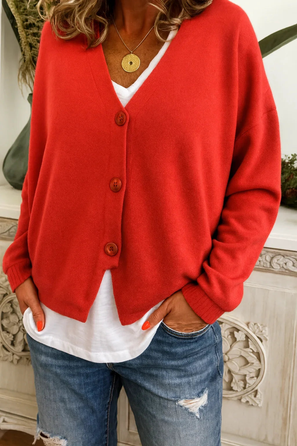 Women's knit oversized cardigan sweater with V-neck long-sleeve button-front – Red