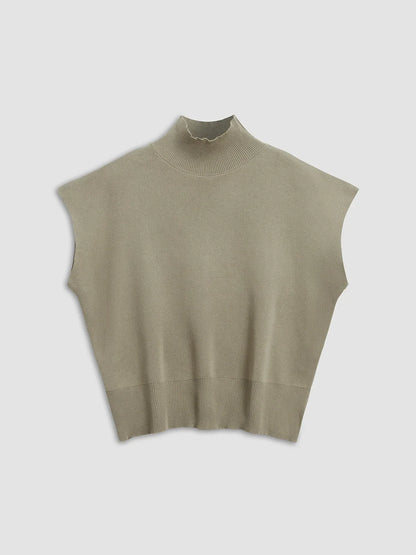 Women's knit padded-shoulder top with mock-neck and cap-sleeves