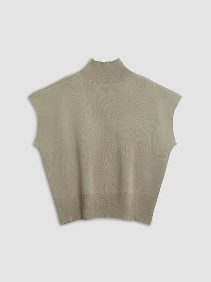 Women's knit padded-shoulder top with mock-neck and cap-sleeves
