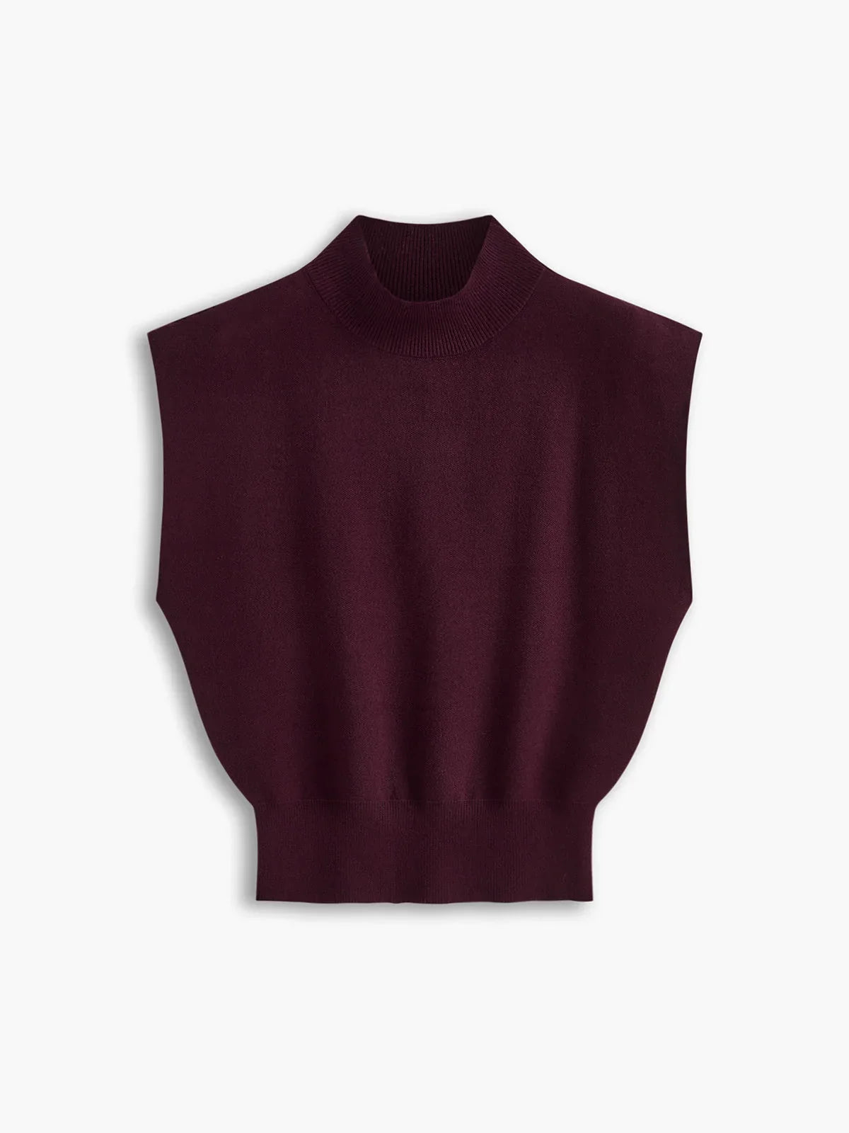 Women's knit padded-shoulder top with mock-neck and cap-sleeves – Burgundy