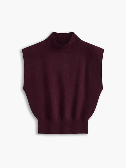 Women's knit padded-shoulder top with mock-neck and cap-sleeves – Burgundy