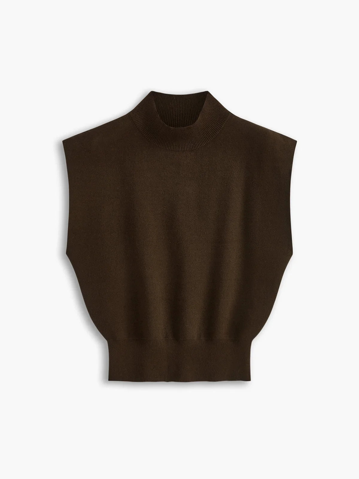 Women's knit padded-shoulder top with mock-neck and cap-sleeves – Dark Brown
