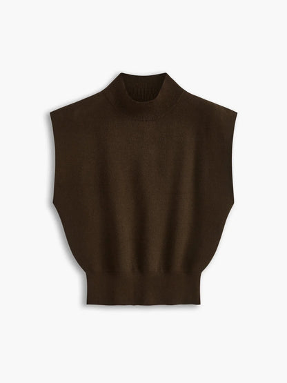 Women's knit padded-shoulder top with mock-neck and cap-sleeves – Dark Brown