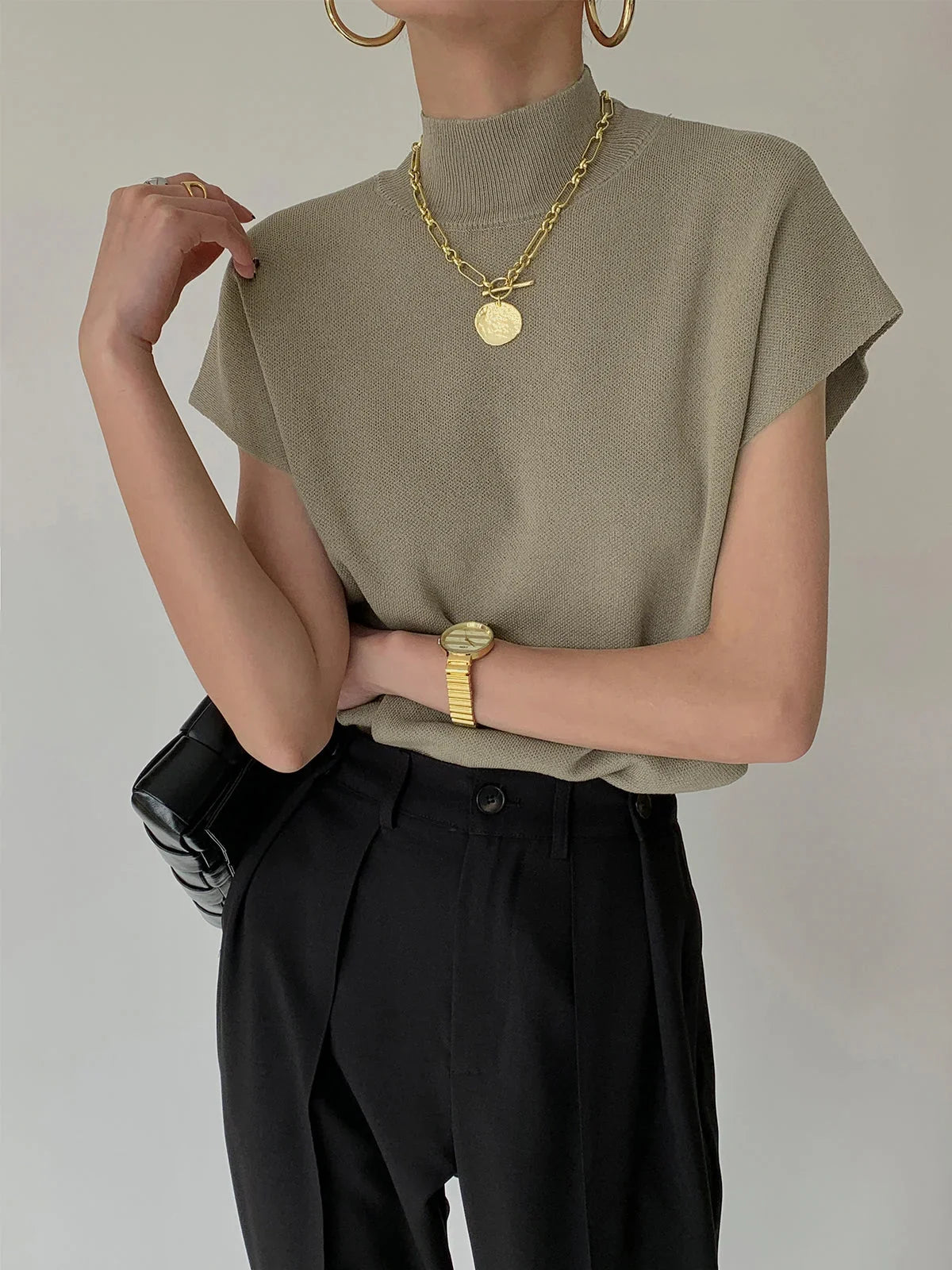Women's knit padded-shoulder top with mock-neck and cap-sleeves – Khaki