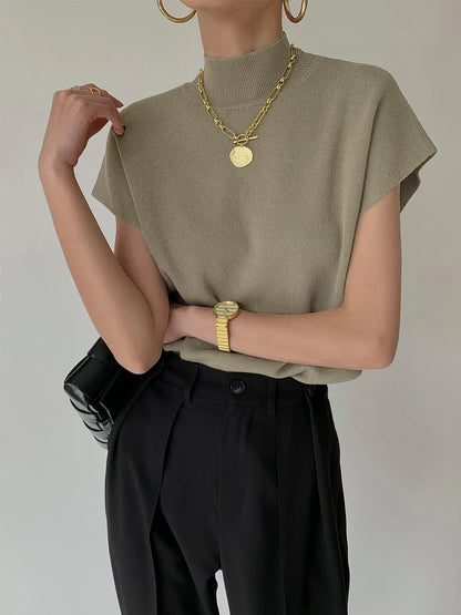 Women's knit padded-shoulder top with mock-neck and cap-sleeves – Khaki