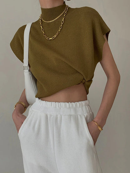 Women's knit padded-shoulder top with mock-neck and cap-sleeves – Light Brown