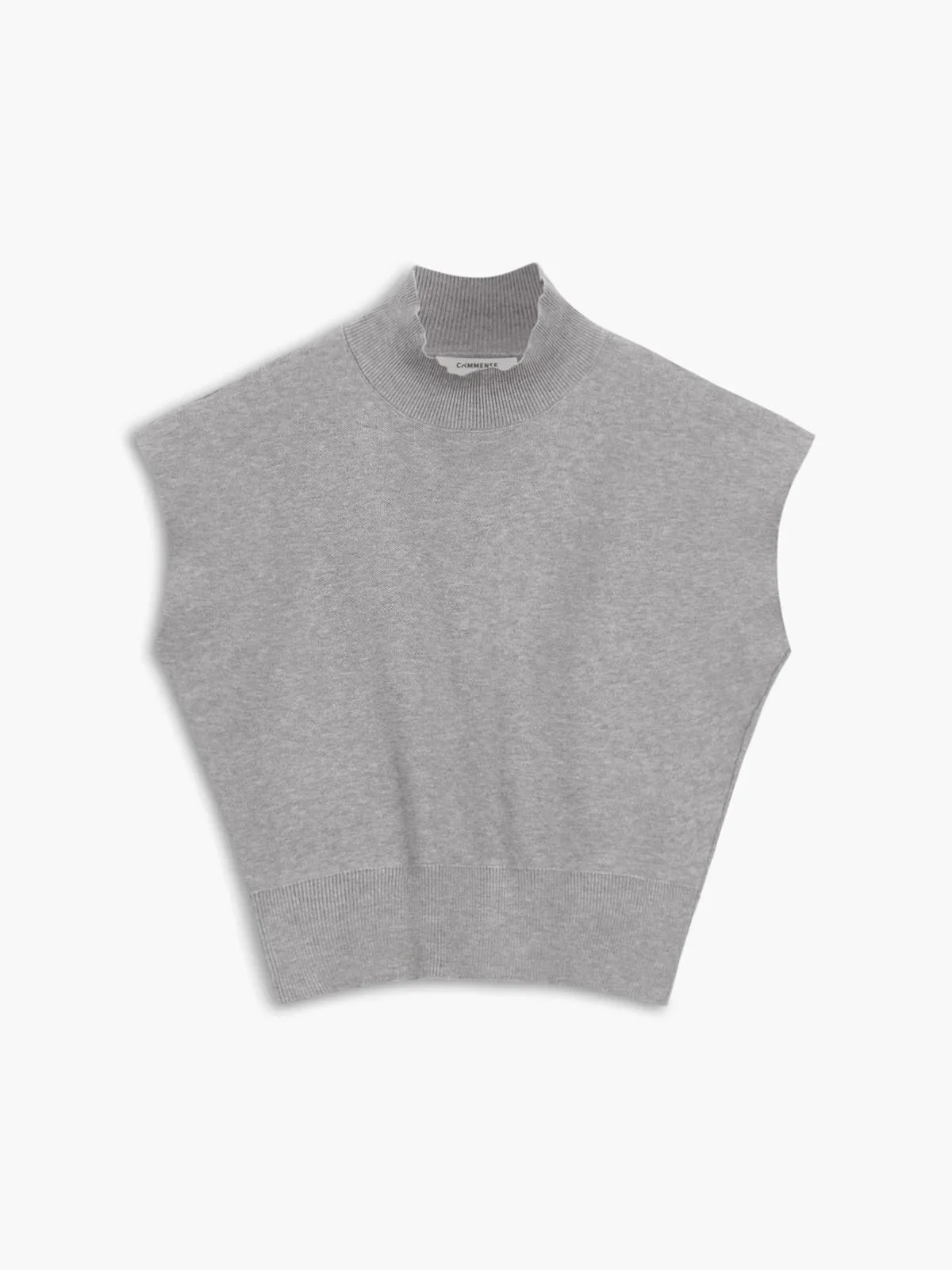 Women's knit padded-shoulder top with mock-neck and cap-sleeves – Light Grey