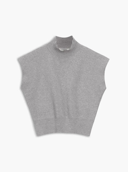Women's knit padded-shoulder top with mock-neck and cap-sleeves – Light Grey