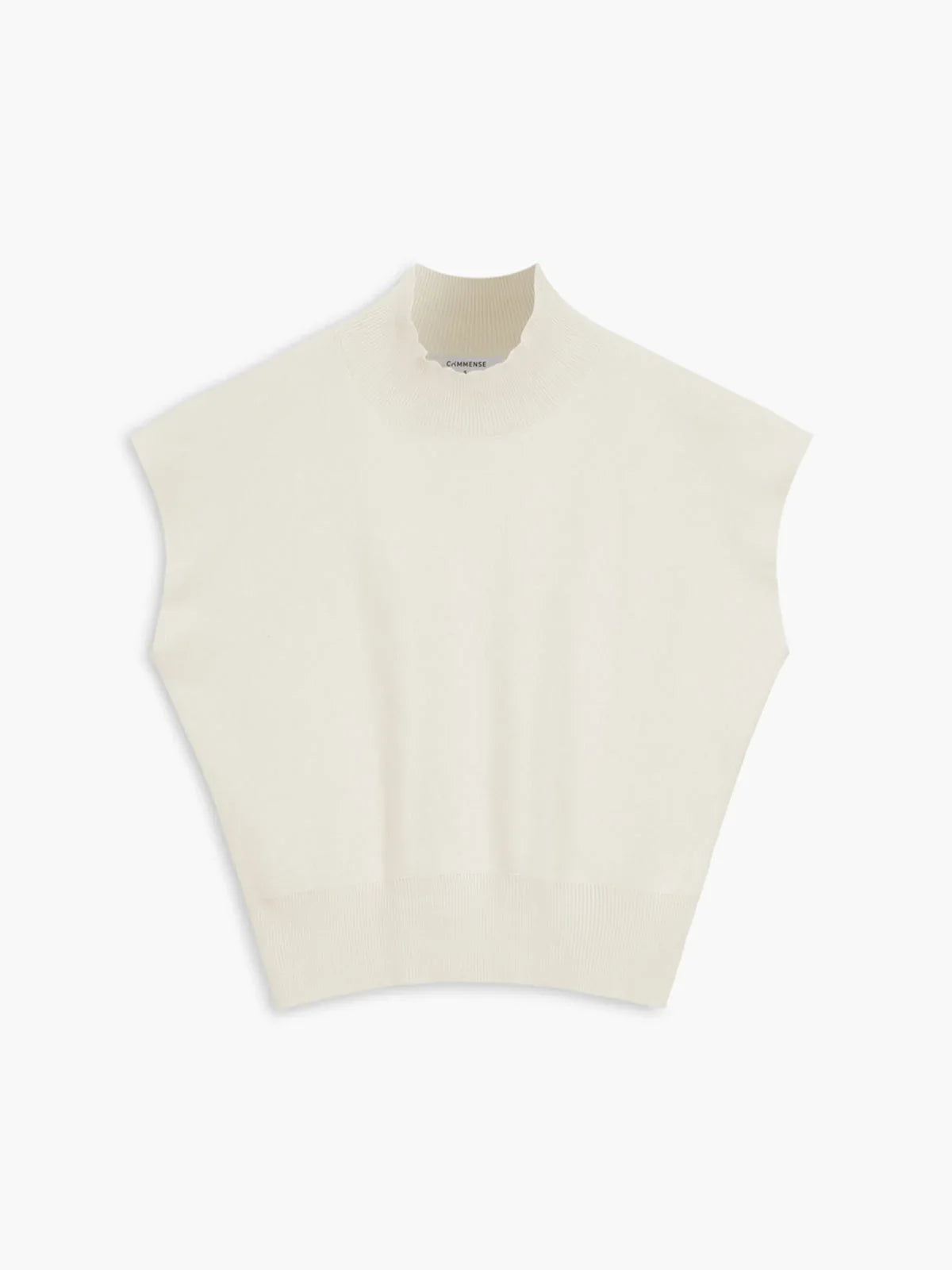 Women's knit padded-shoulder top with mock-neck and cap-sleeves – Off-White