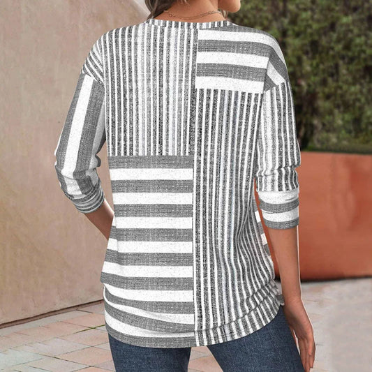 Women's knit patchwork striped blouse with 3/4 sleeves and crew neck – Grey