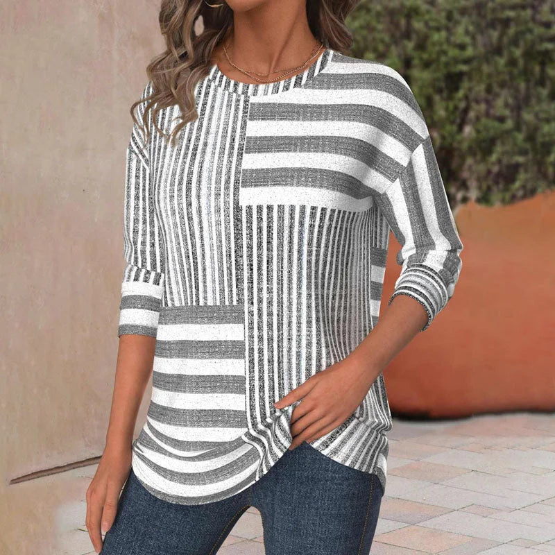 Women's knit patchwork striped blouse with 3/4 sleeves and crew neck – Grey
