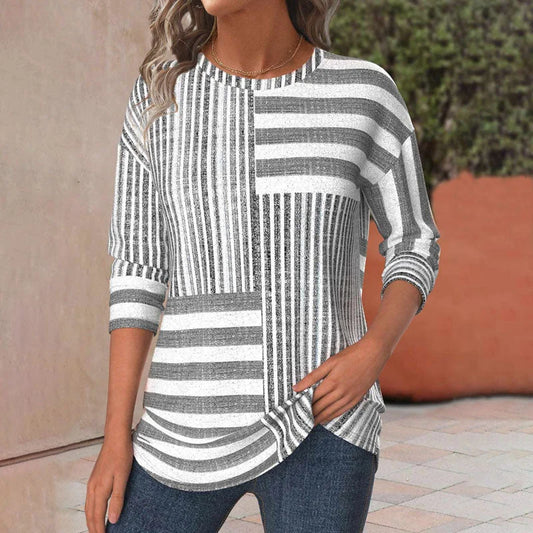 Women's knit patchwork striped blouse with 3/4 sleeves and crew neck – Grey