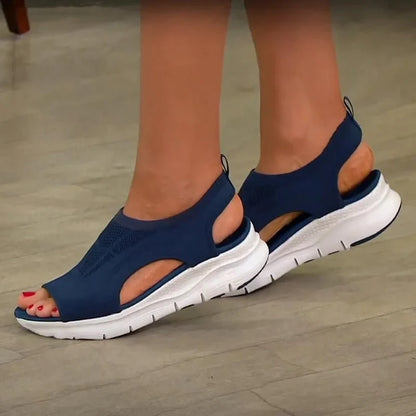 Women's knit peep-toe sandals with sock-like upper and chunky sole
