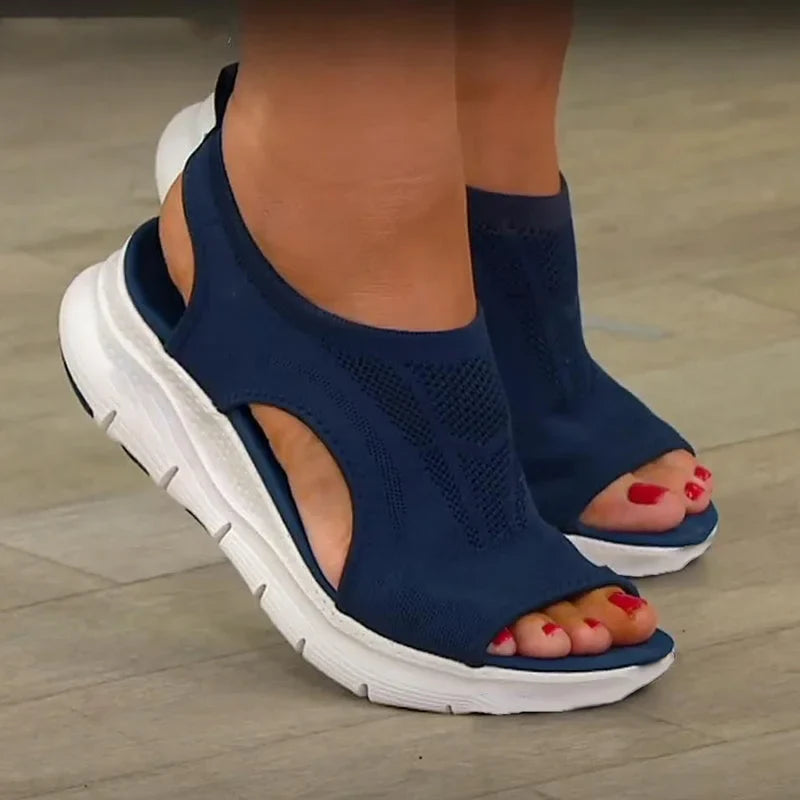 Women's knit peep-toe sandals with sock-like upper and chunky sole