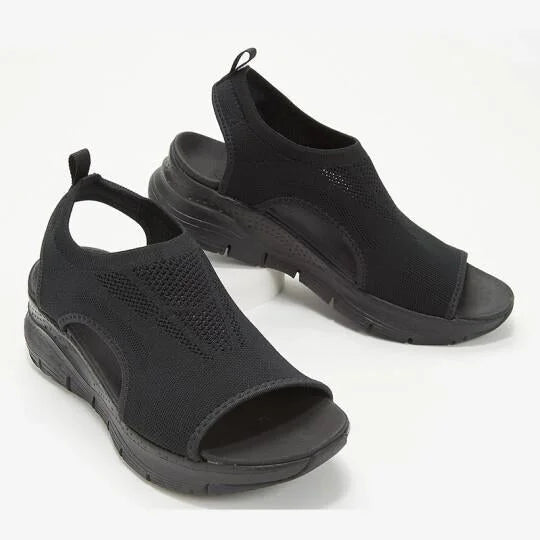 Women's knit peep-toe sandals with sock-like upper and chunky sole – Black