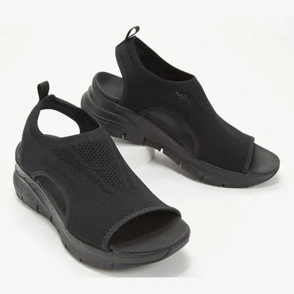 Women's knit peep-toe sandals with sock-like upper and chunky sole – Black