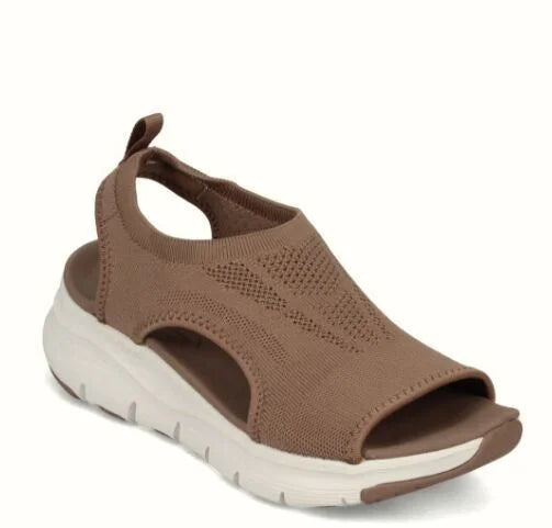 Women's knit peep-toe sandals with sock-like upper and chunky sole – Dark Brown