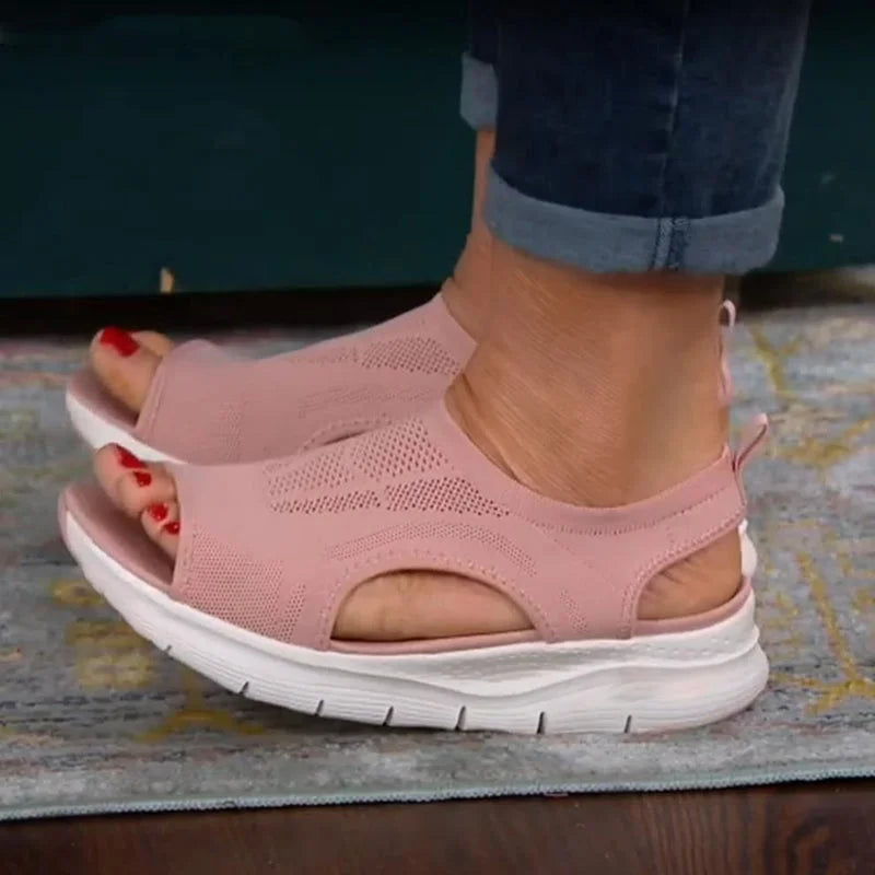 Women's knit peep-toe sandals with sock-like upper and chunky sole – Pink