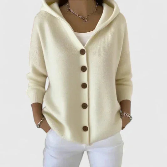 Women's knit hooded cardigan sweater with button-front closure – Beige