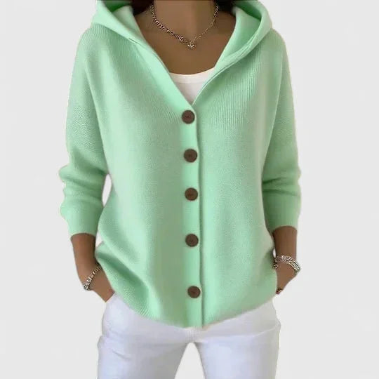 Women's knit hooded cardigan sweater with button-front closure – Green