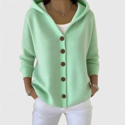 Women's knit hooded cardigan sweater with button-front closure – Green