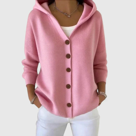 Women's knit hooded cardigan sweater with button-front closure – Pink