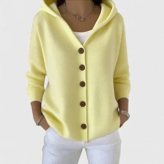 Women's knit hooded cardigan sweater with button-front closure – Yellow